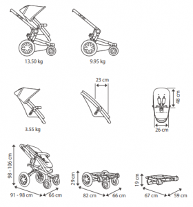 Illustraties van de afmetingen en gewichten van de Quinny Buzz Xtra