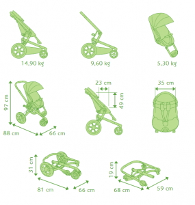 Afbeelding van de afmetingen van de Quinny Moodd kinderwagen